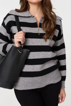 Striped Zip Neck Collared Pullover