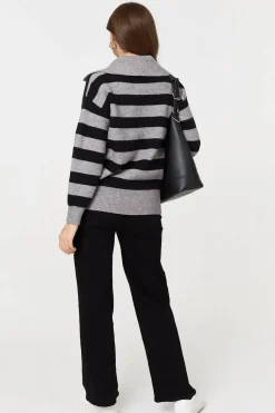 Striped Zip Neck Collared Pullover