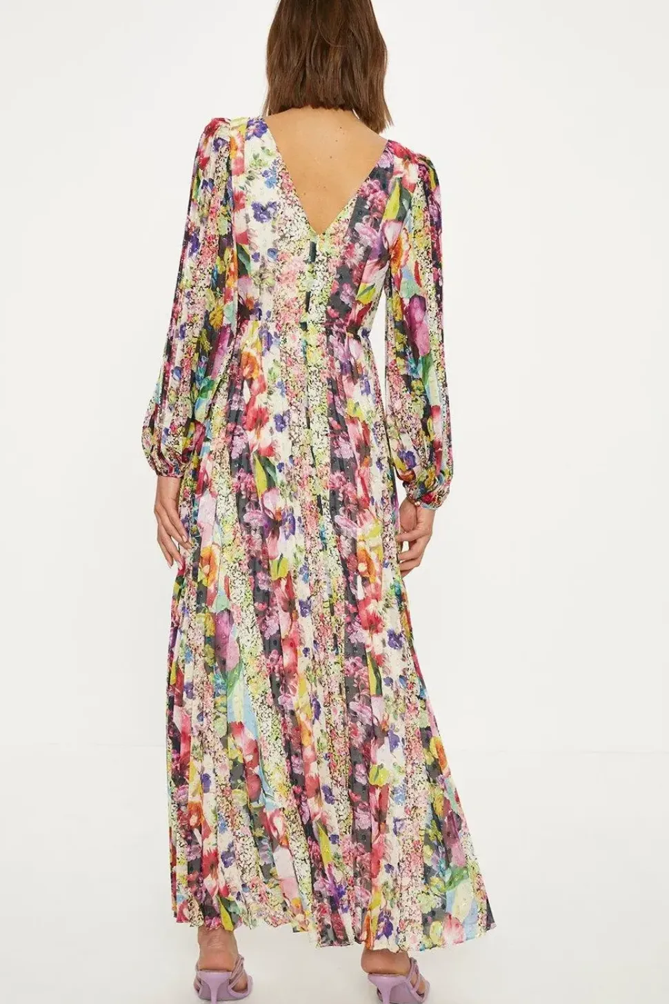 Stripe Floral Pleated Metallic Twist Midi Dress