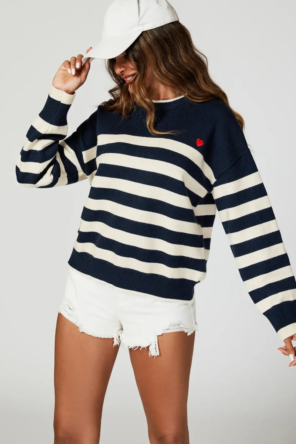 Stripe Jumper with Heart Embroidery In Navy