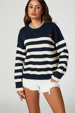 Stripe Jumper with Heart Embroidery In Navy