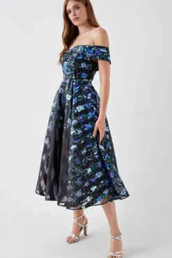 Stripe Organza Pleated Top Midi Dress