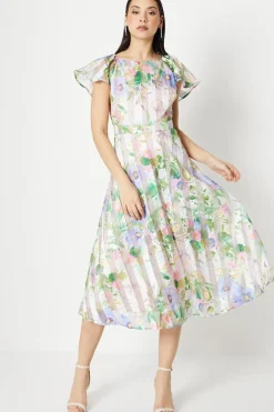 Stripe Organza Pleat Shoulder Midi Dress