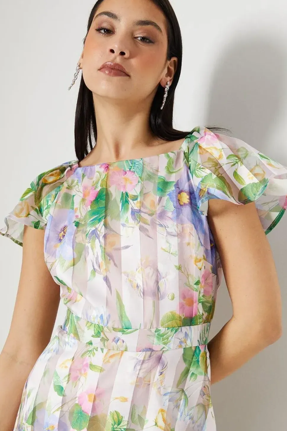 Stripe Organza Pleat Shoulder Midi Dress