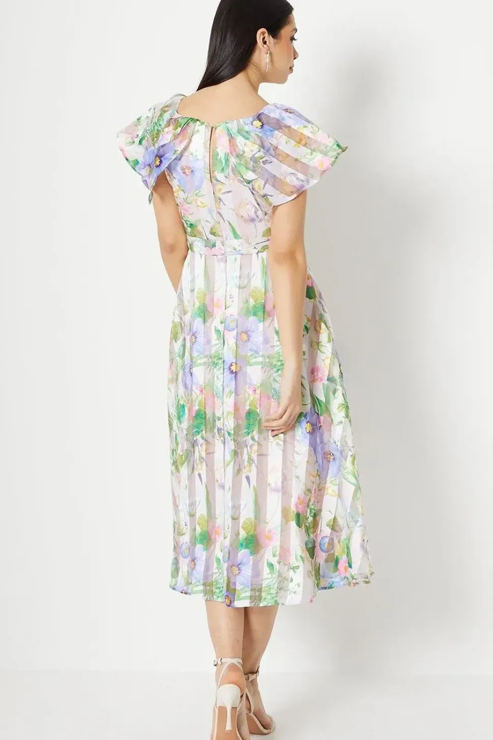 Stripe Organza Pleat Shoulder Midi Dress