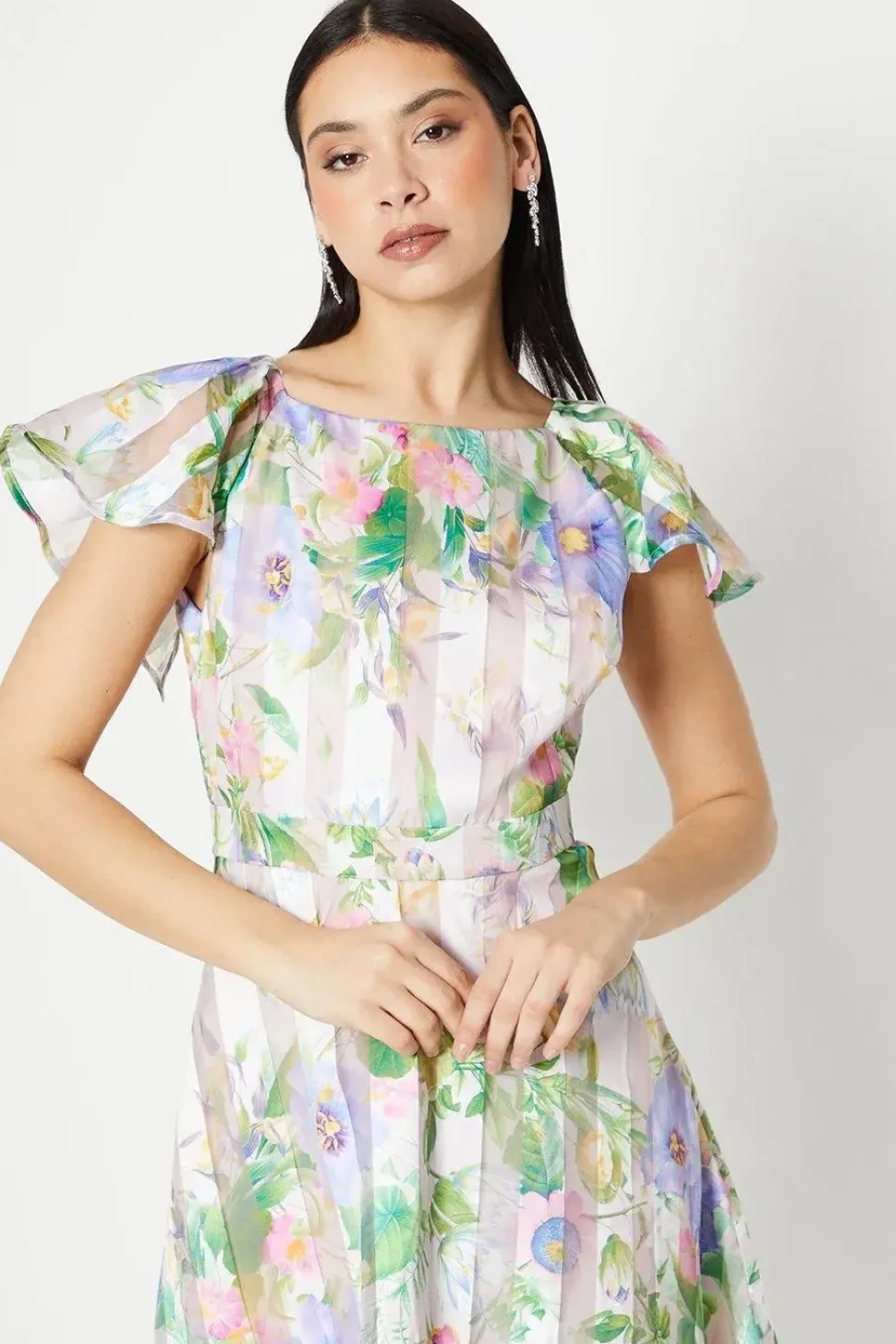 Stripe Organza Pleat Shoulder Midi Dress