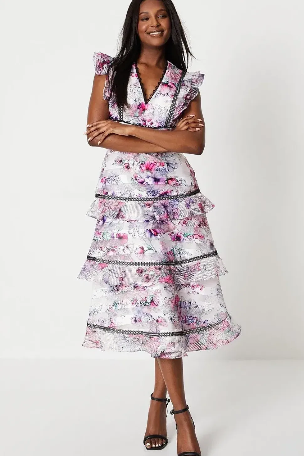Stripe Organza Ruffle Lace Trim Midi Dress