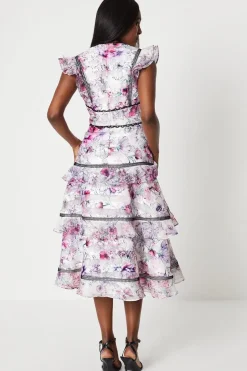 Stripe Organza Ruffle Lace Trim Midi Dress
