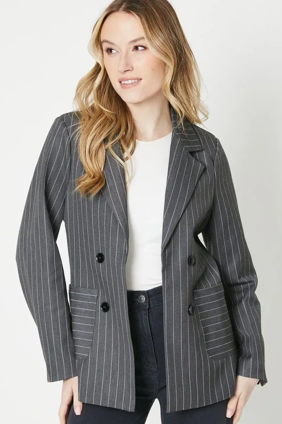Stripe Patch Pocket Seamed Blazer