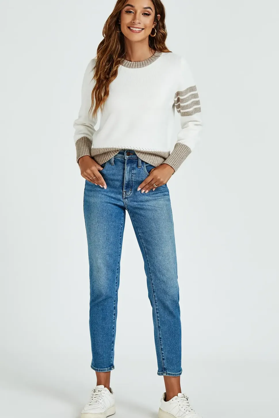 Stripe Pattern Jumper Top In Taupe