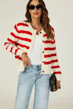 Stripe Pattern Knitted Cardigan In Red