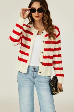 Stripe Pattern Knitted Cardigan In Red