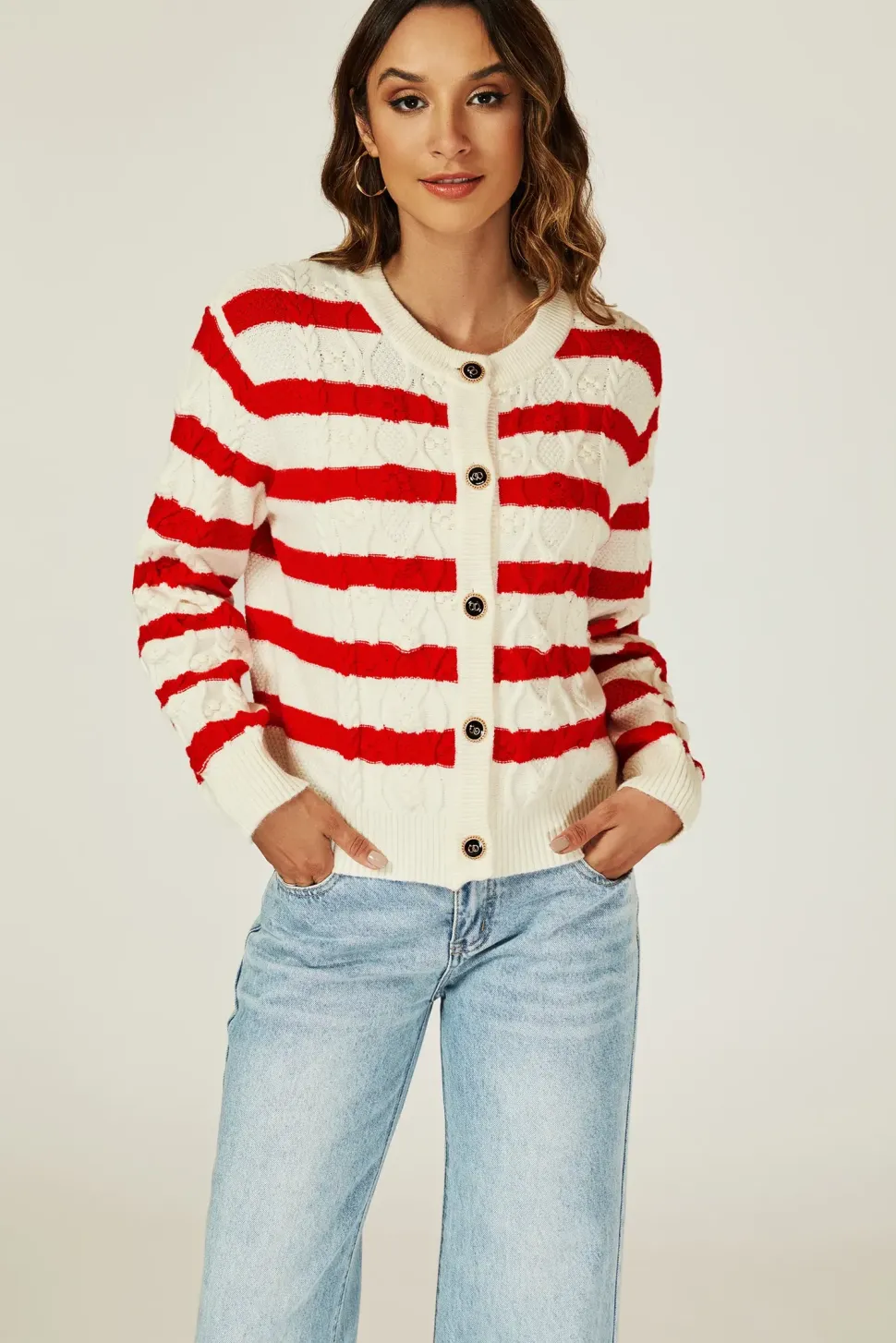 Stripe Pattern Knitted Cardigan In Red
