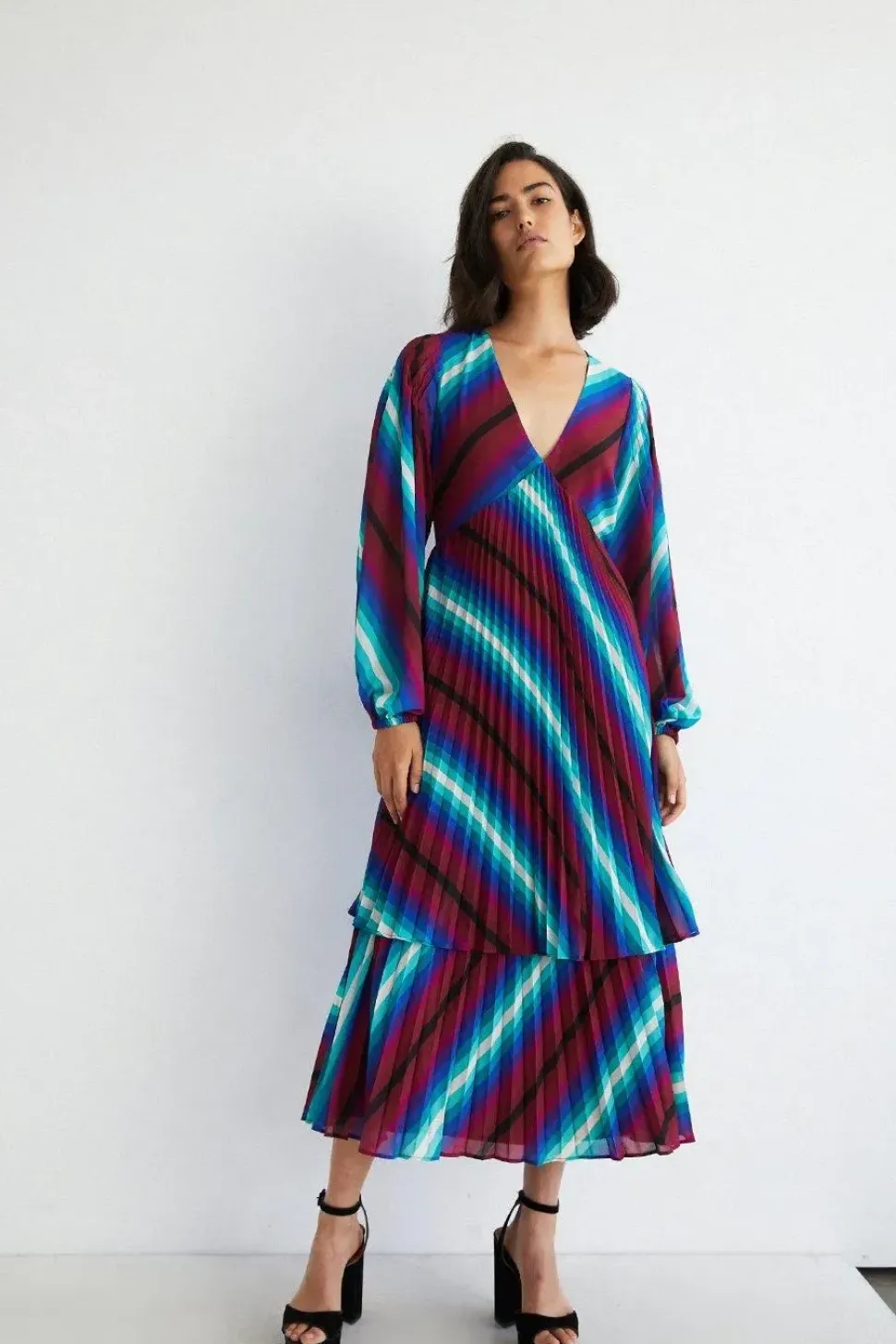 Stripe Pleated Double Tiered Midi Dress