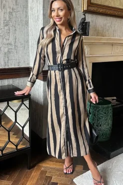 Stripe Print Button Front Midi Belted Shirt Dress