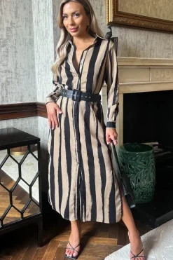 Stripe Print Button Front Midi Belted Shirt Dress