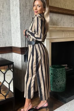 Stripe Print Button Front Midi Belted Shirt Dress