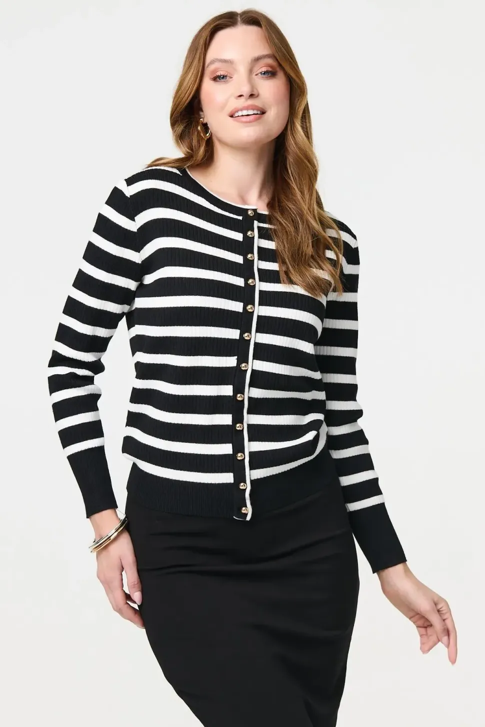 Stripe Print Button-Up Knit Cardigan