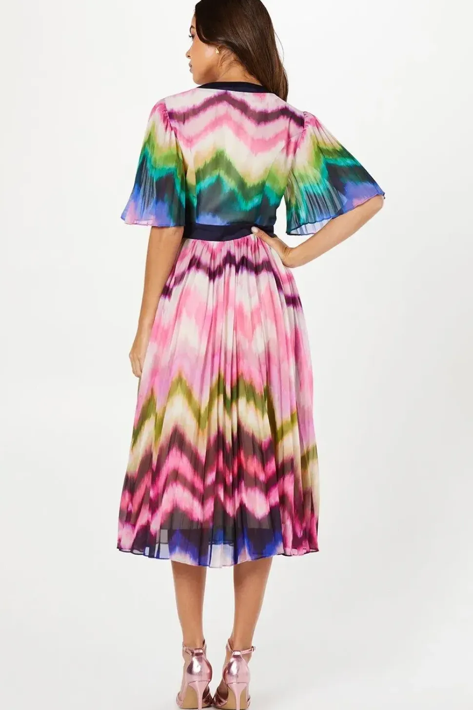 Stripe Print Pleated Midi Wedding Guest Dress