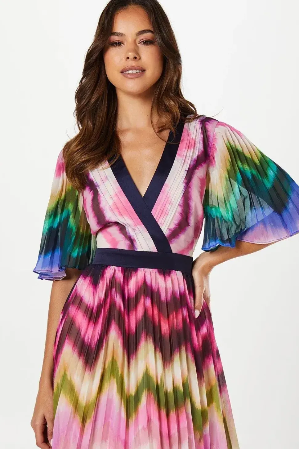 Stripe Print Pleated Midi Wedding Guest Dress