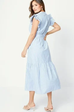 Stripe Ruffle Sleeve Midi Dress