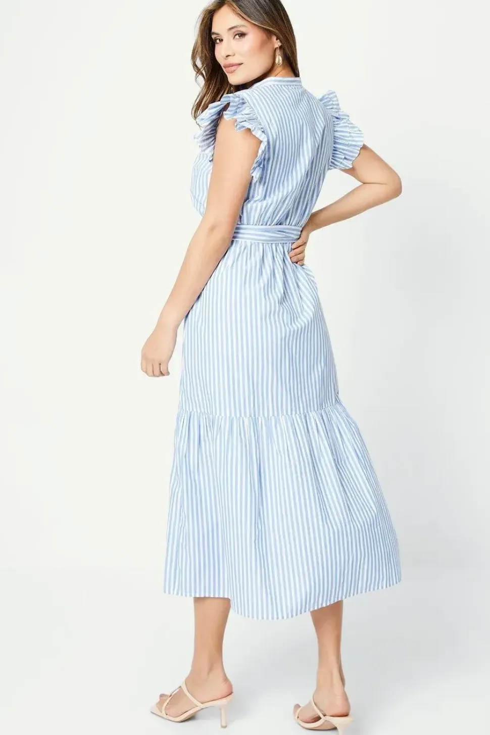 Stripe Ruffle Sleeve Midi Dress