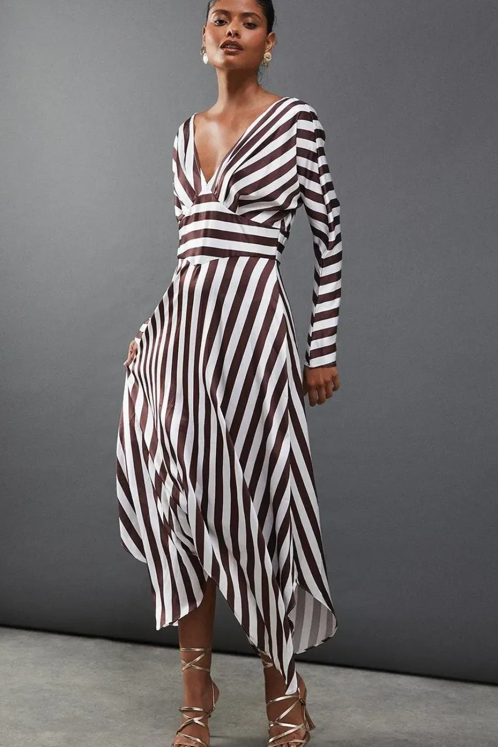 Stripe Satin Batwing Waisted Hanky Hem Midi Dress