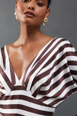 Stripe Satin Batwing Waisted Hanky Hem Midi Dress