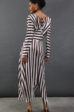 Stripe Satin Batwing Waisted Hanky Hem Midi Dress