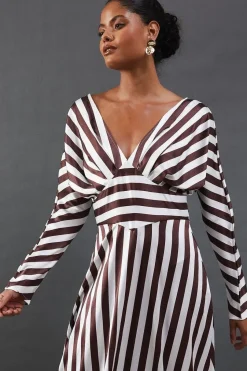 Stripe Satin Batwing Waisted Hanky Hem Midi Dress