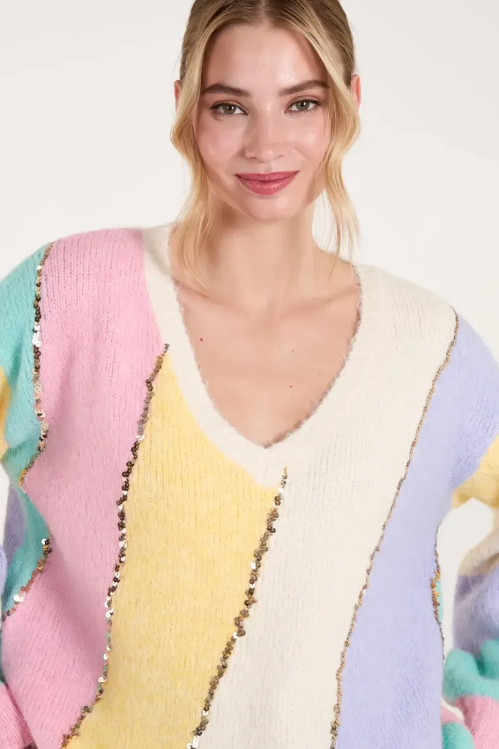 Stripe Sequin Detailed V Neck Jumper