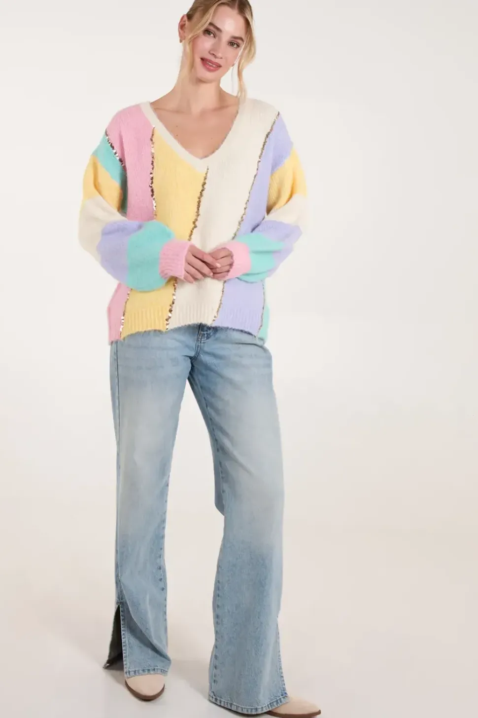 Stripe Sequin Detailed V Neck Jumper
