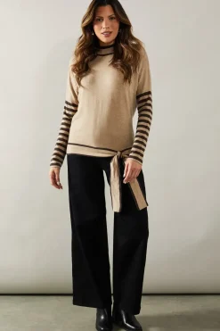 Stripe Sleeve Tie Waist High Neck Jumper