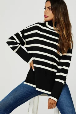 Stripes Pattern Turtleneck Jumper Top In Black
