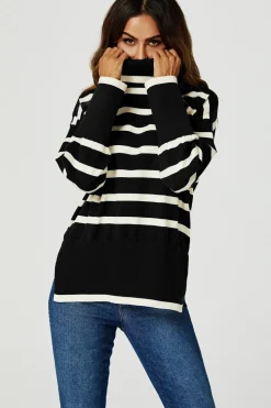 Stripes Pattern Turtleneck Jumper Top In Black