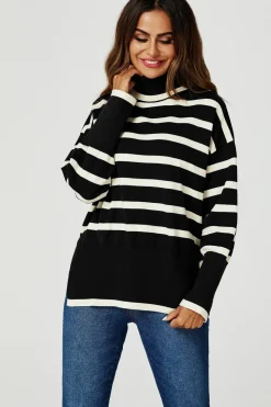Stripes Pattern Turtleneck Jumper Top In Black