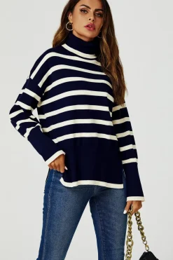 Stripes Pattern Turtleneck Jumper Top In Navy
