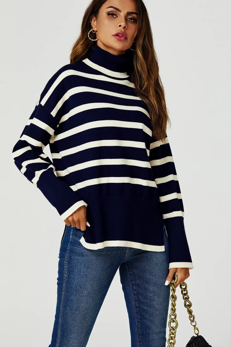 Stripes Pattern Turtleneck Jumper Top In Navy