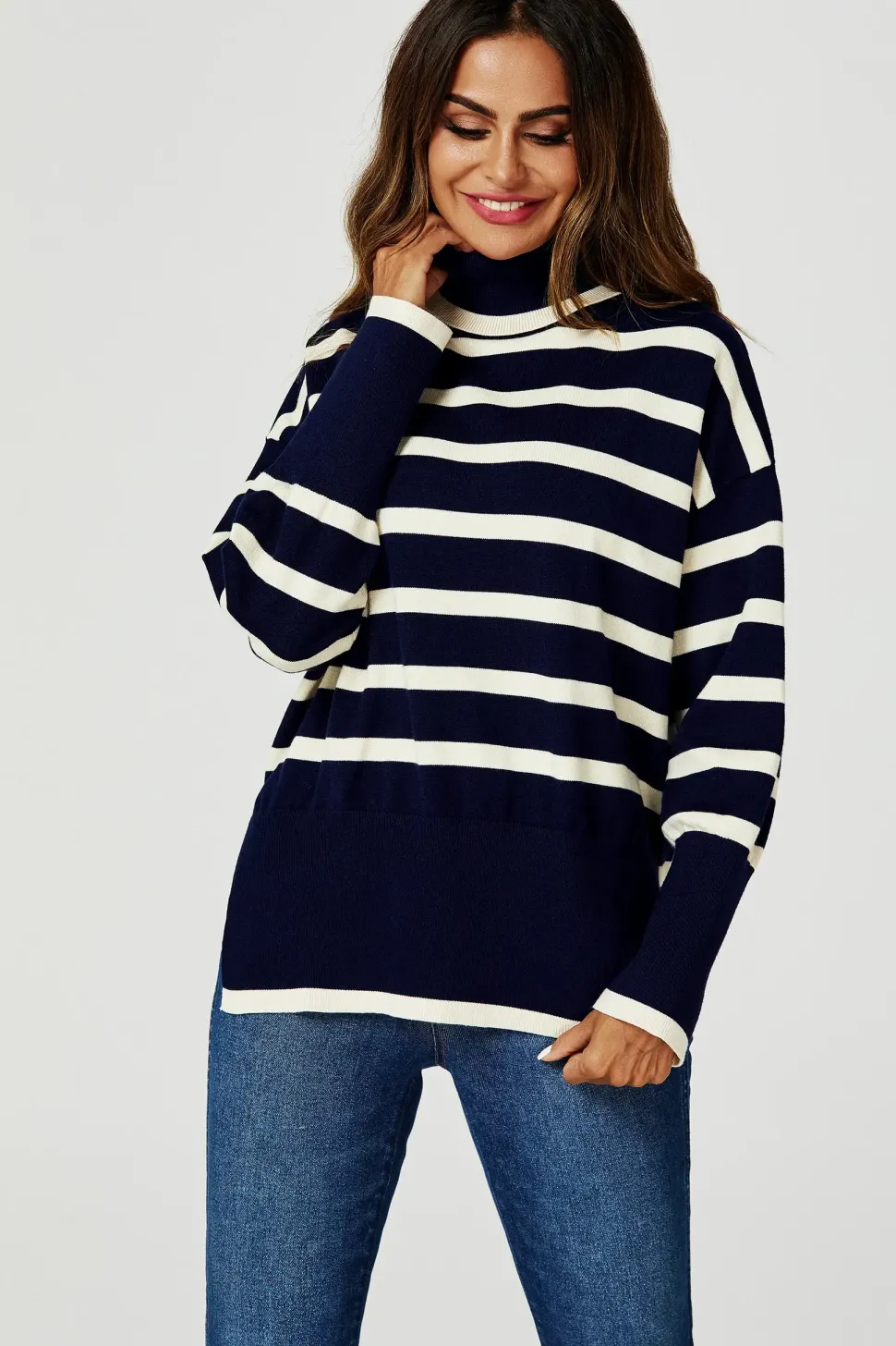 Stripes Pattern Turtleneck Jumper Top In Navy