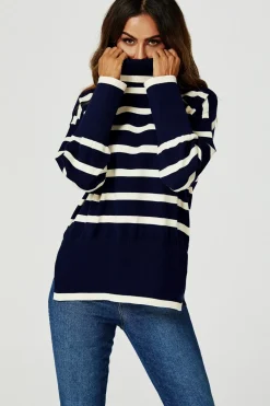 Stripes Pattern Turtleneck Jumper Top In Navy