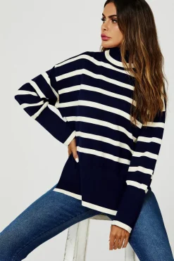 Stripes Pattern Turtleneck Jumper Top In Navy