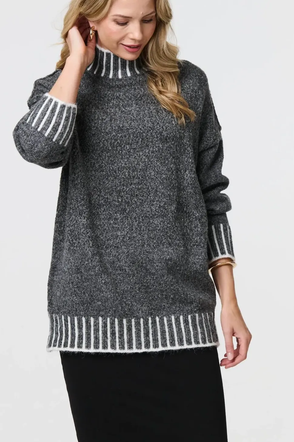 Stripe Trim High Neck Oversized Jumper