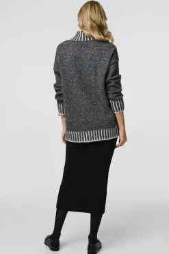 Stripe Trim High Neck Oversized Jumper