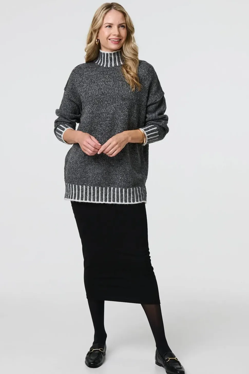 Stripe Trim High Neck Oversized Jumper
