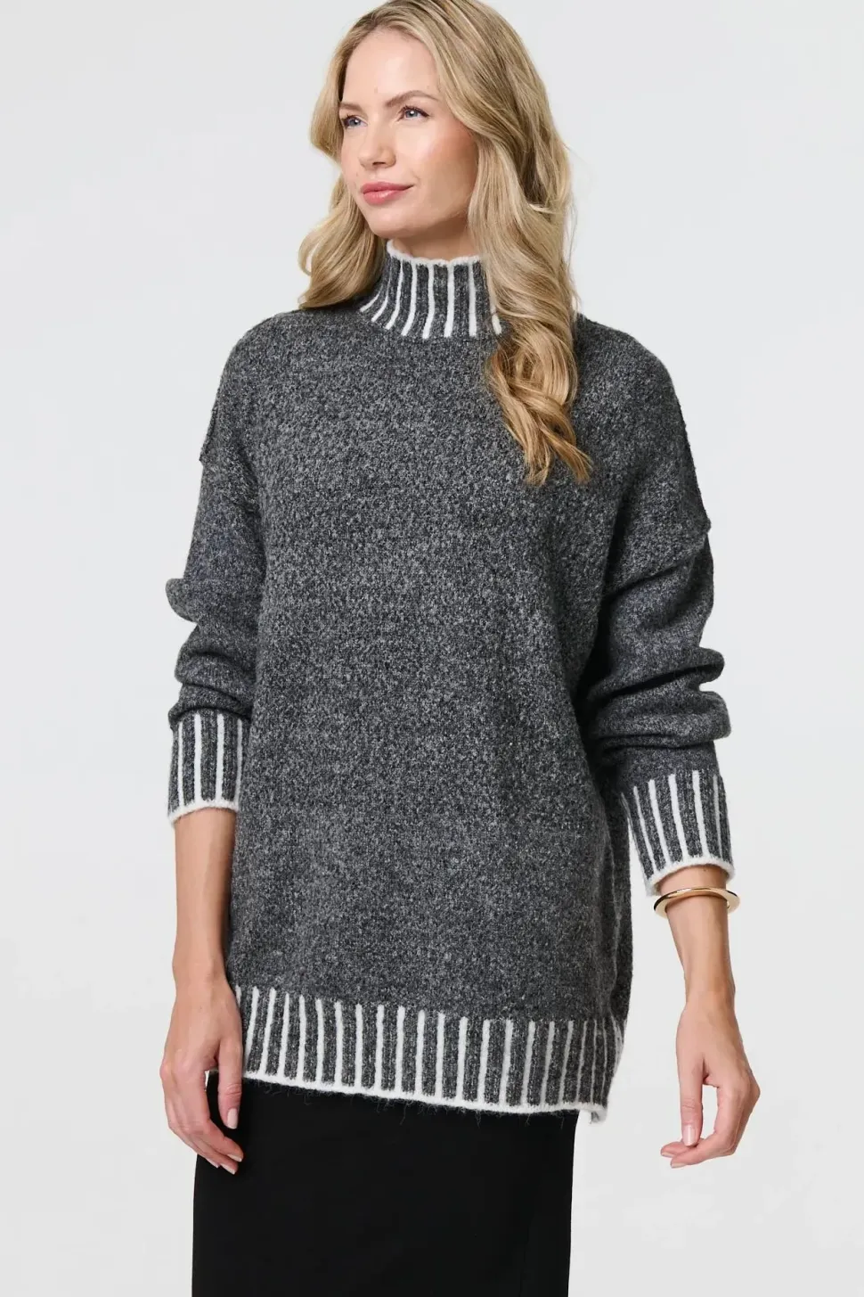 Stripe Trim High Neck Oversized Jumper