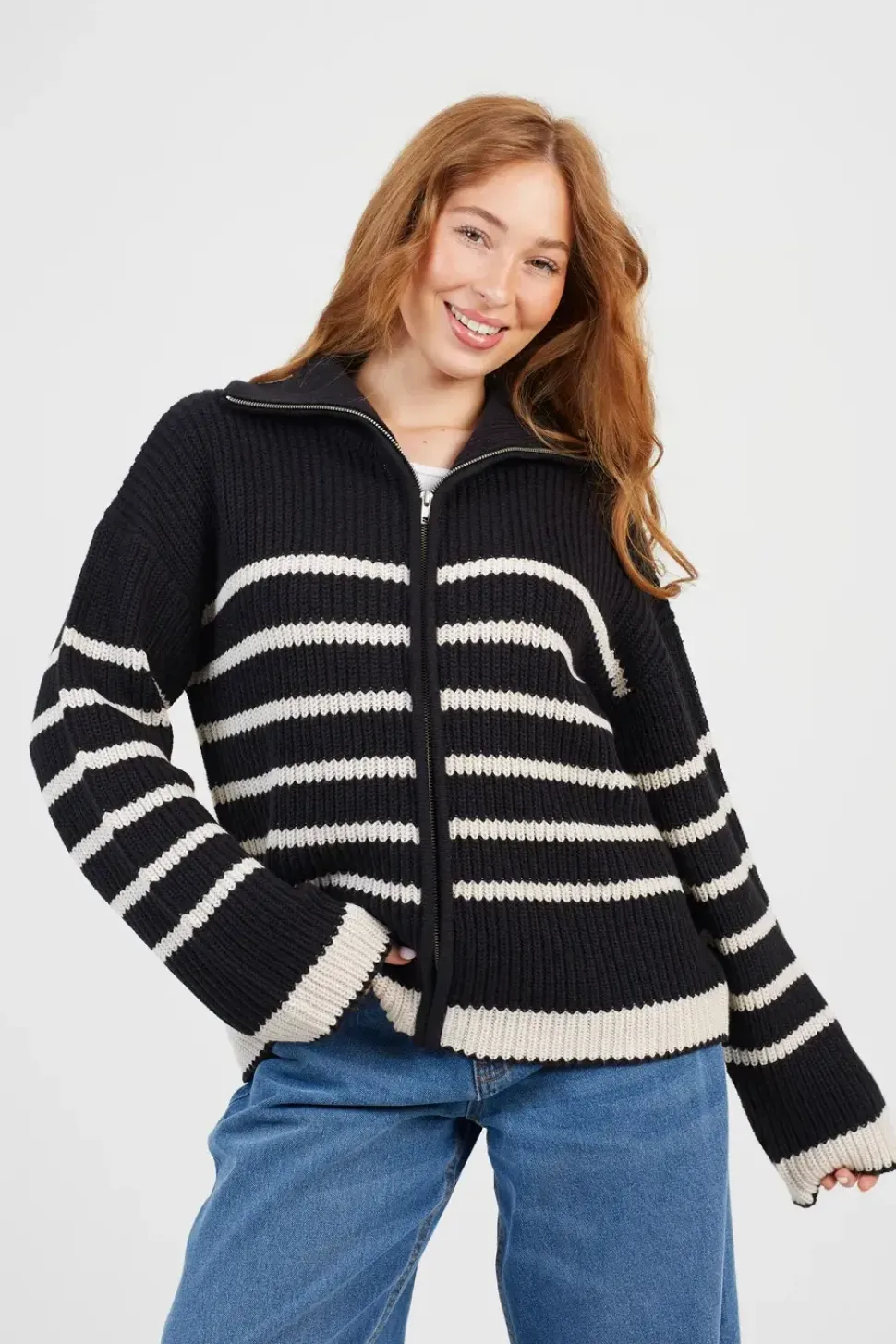 Stripe Zip Through Fisherman Knit Jumper