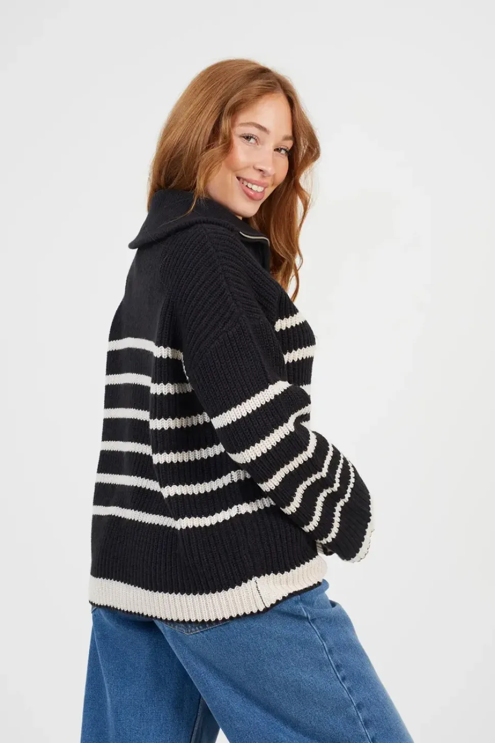 Stripe Zip Through Fisherman Knit Jumper