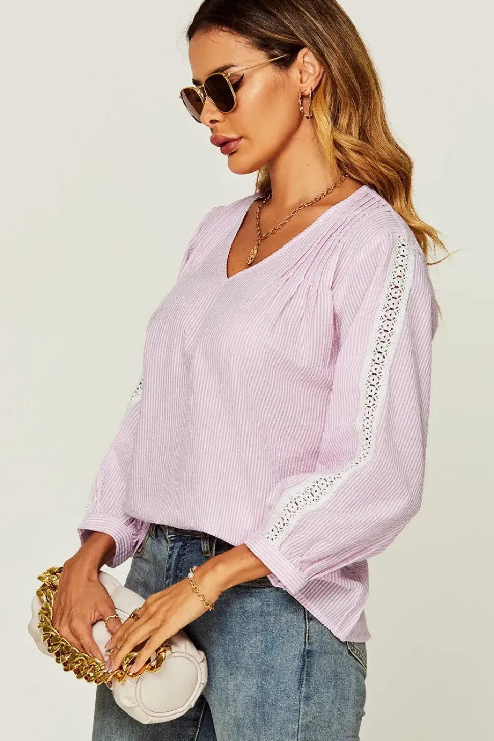 Strip Print V Neck Lace Trim Sleeve Top In Pink