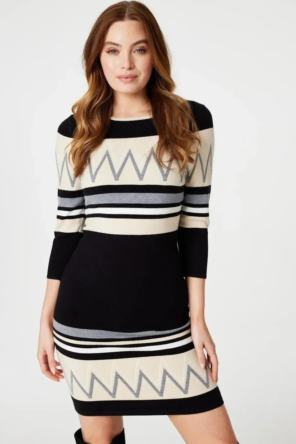 Stripy 3/4 Sleeve Knit Dress
