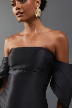 Structured Puff Sleeve Bardot Midi Dress